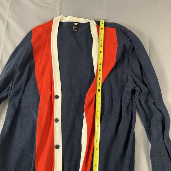 H&M Cardigan Sweater Mens XL Blue Red White Button Up Lightweight Organic Cotton - Picture 9 of 14